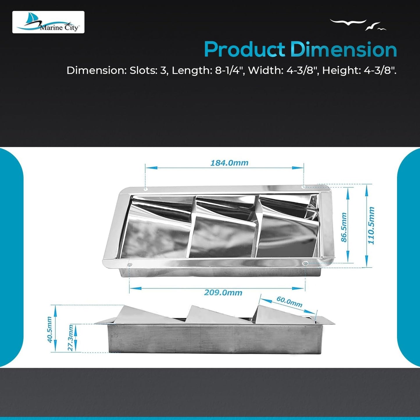 Marine City Stainless Steel 3-Slot Louvered Vent – Mirror Finish, 8-1/4” Length Marine City