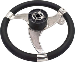 MARINE CITY Marine Boat Polished 316 Stainless Steel Sports style Tri-Spoke Design Steering Wheel with Stainless steel Center Cap / Knob / PU Foam 13-1/2