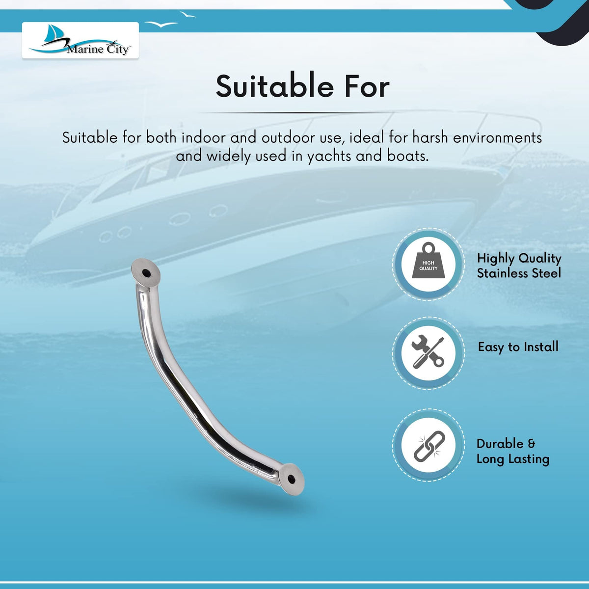 Marine City Handrail Grab Rail Handle, 9 Inch, 304 Stainless Steel, Oval Tube Marine City