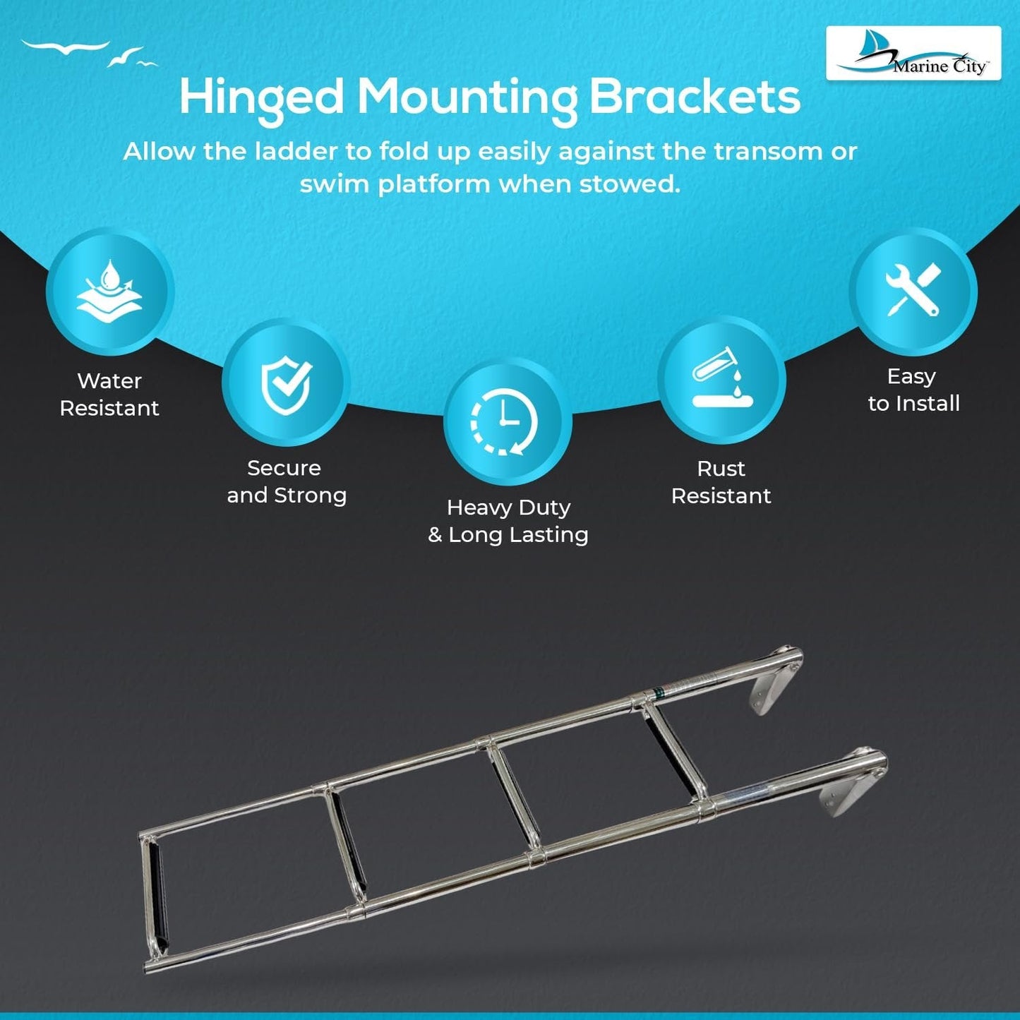 MARINE CITY 4-Step Folding Telescoping Ladder, 304 Stainless Steel Round Tube Boat Boarding Ladder for Swim Platforms & Docks