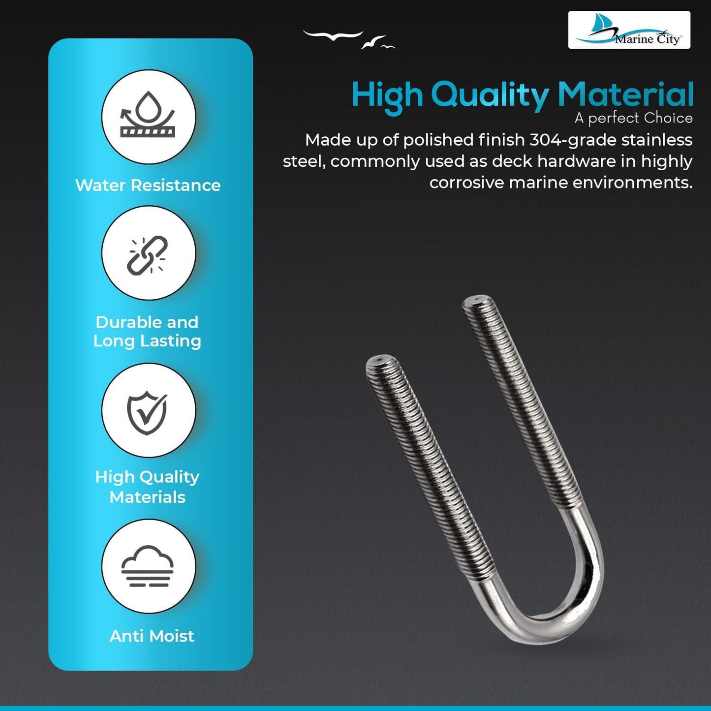 Marine City Bow Eye Tie-Down U-Bolt – 1/2” 304 Stainless Steel, 5-1/4” Length Marine City Hardware