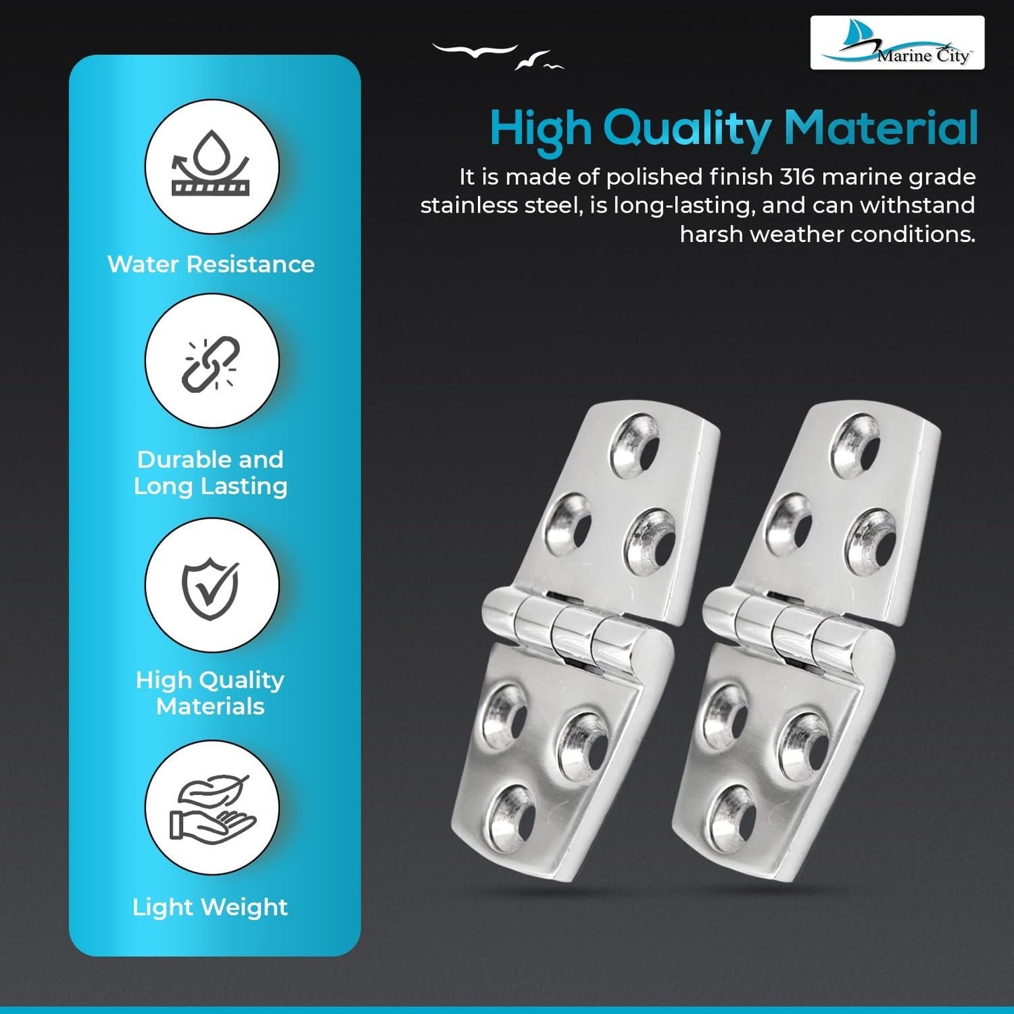 Marine City 316 Stainless Steel Polished Door Strap Hinges – 1-1/2 × 3 Inches Marine City