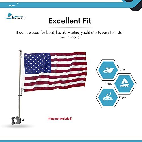 Marine City Rail Mount Flag Staff & 21" Flagpole–304 Stainless Steel, Black Base Marine City