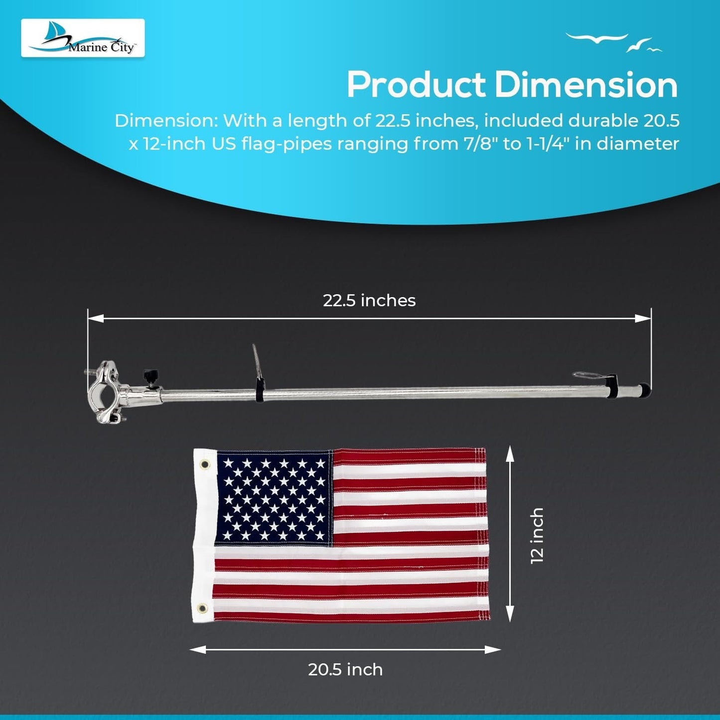 Marine City 22.5 Inches Pipe-Clamp Flagpole with US Flag – Stainless Steel MARINE CITY