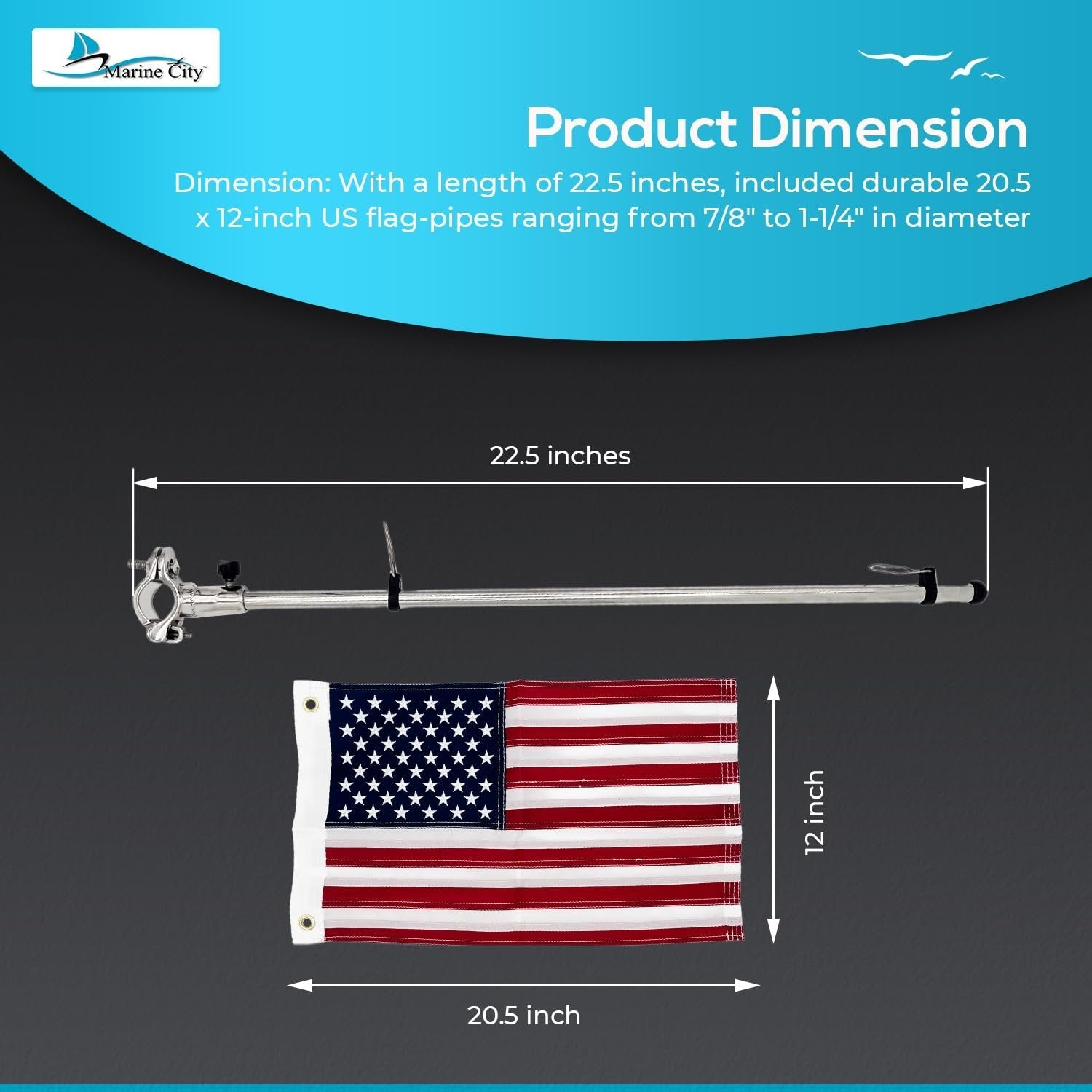 Marine City 22.5 Inches Pipe-Clamp Flagpole with US Flag – Stainless Steel MARINE CITY