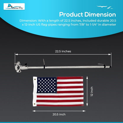 Marine City 22.5 Inches Pipe-Clamp Flagpole with US Flag – Stainless Steel MARINE CITY