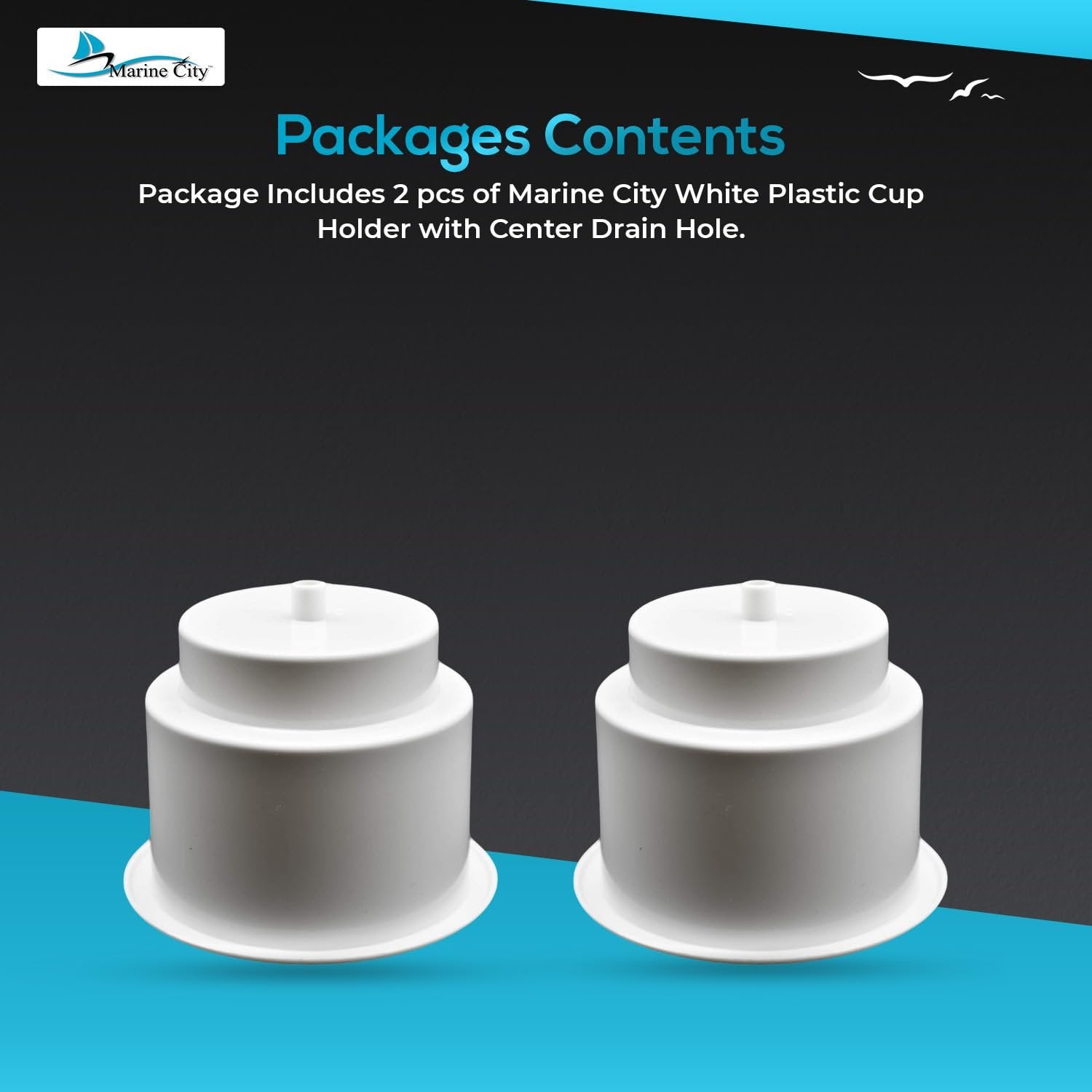 Marine City ABS White Plastic Cup Holder with Center Drain – Flush Mount Holder Marine City