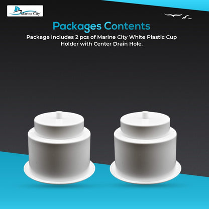 Marine City ABS White Plastic Cup Holder with Center Drain – Flush Mount Holder Marine City