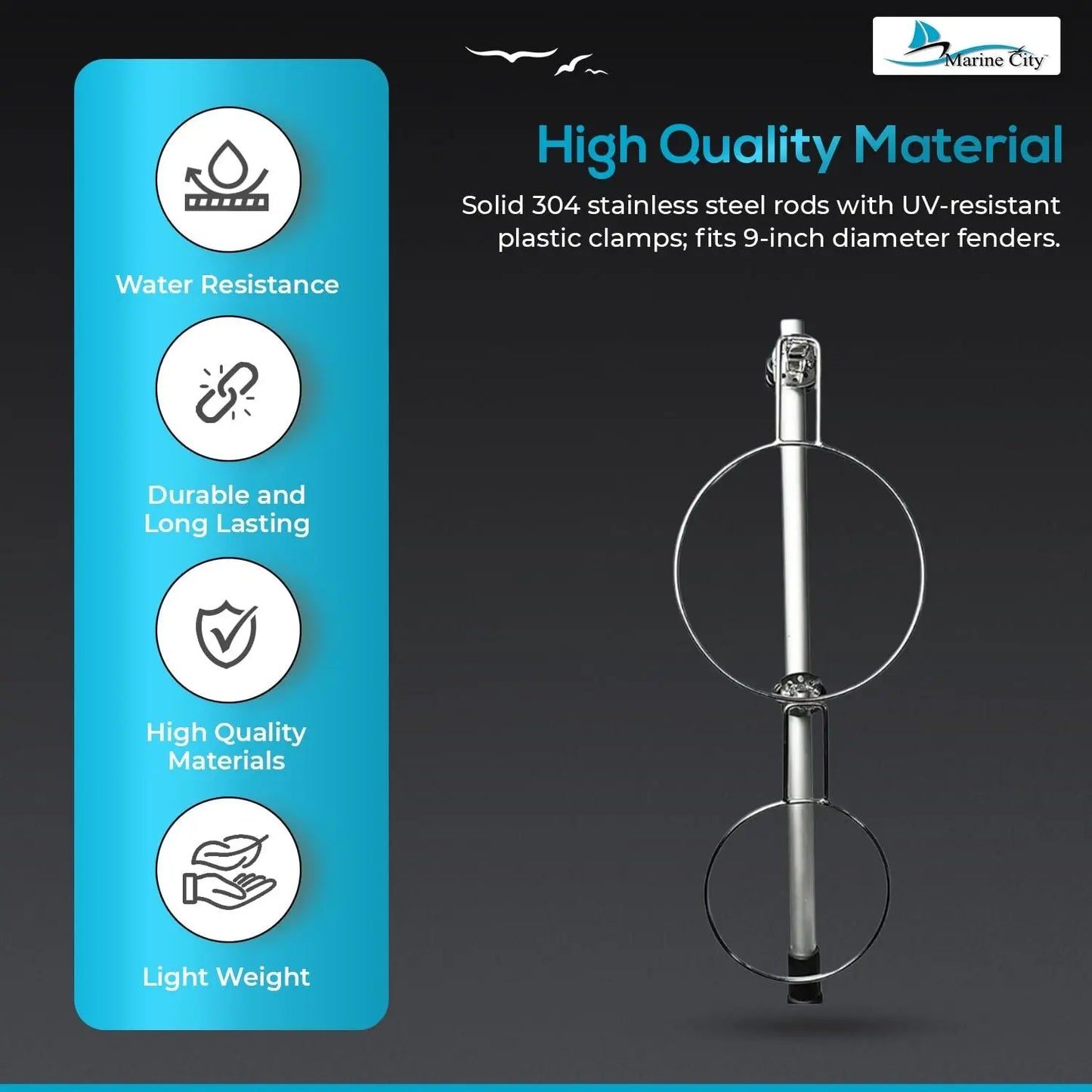Marine City Fender Holder – Stainless Steel, UV-Resistant Clamps, Adjustable Marine City