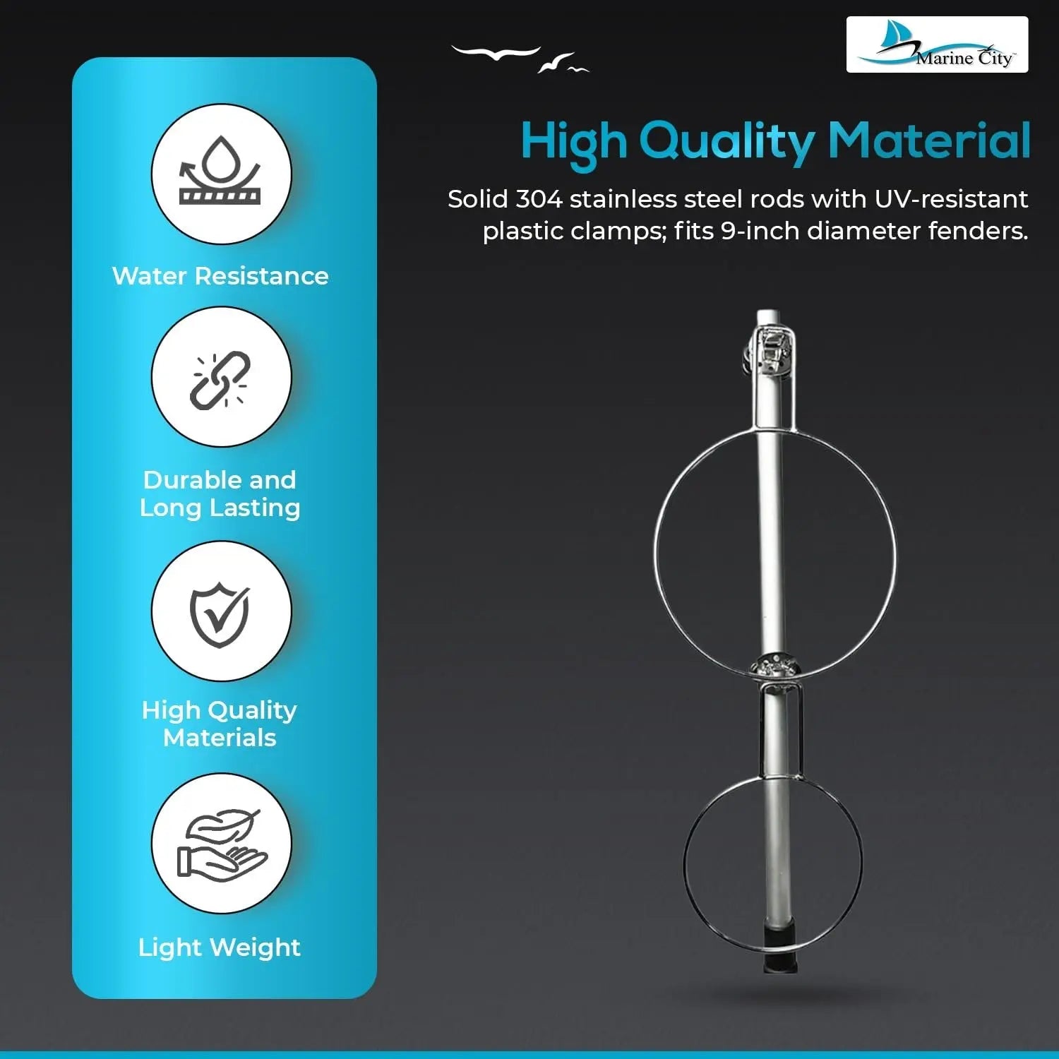 Marine City Fender Holder – Stainless Steel, UV-Resistant Clamps, Adjustable Marine City