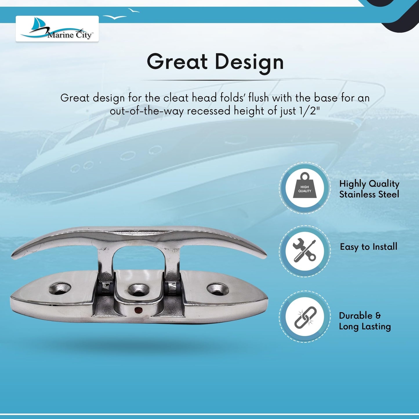 Marine City 6” Folding Cleat – 316 Stainless Steel Heavy Duty Deck Mount Marine City