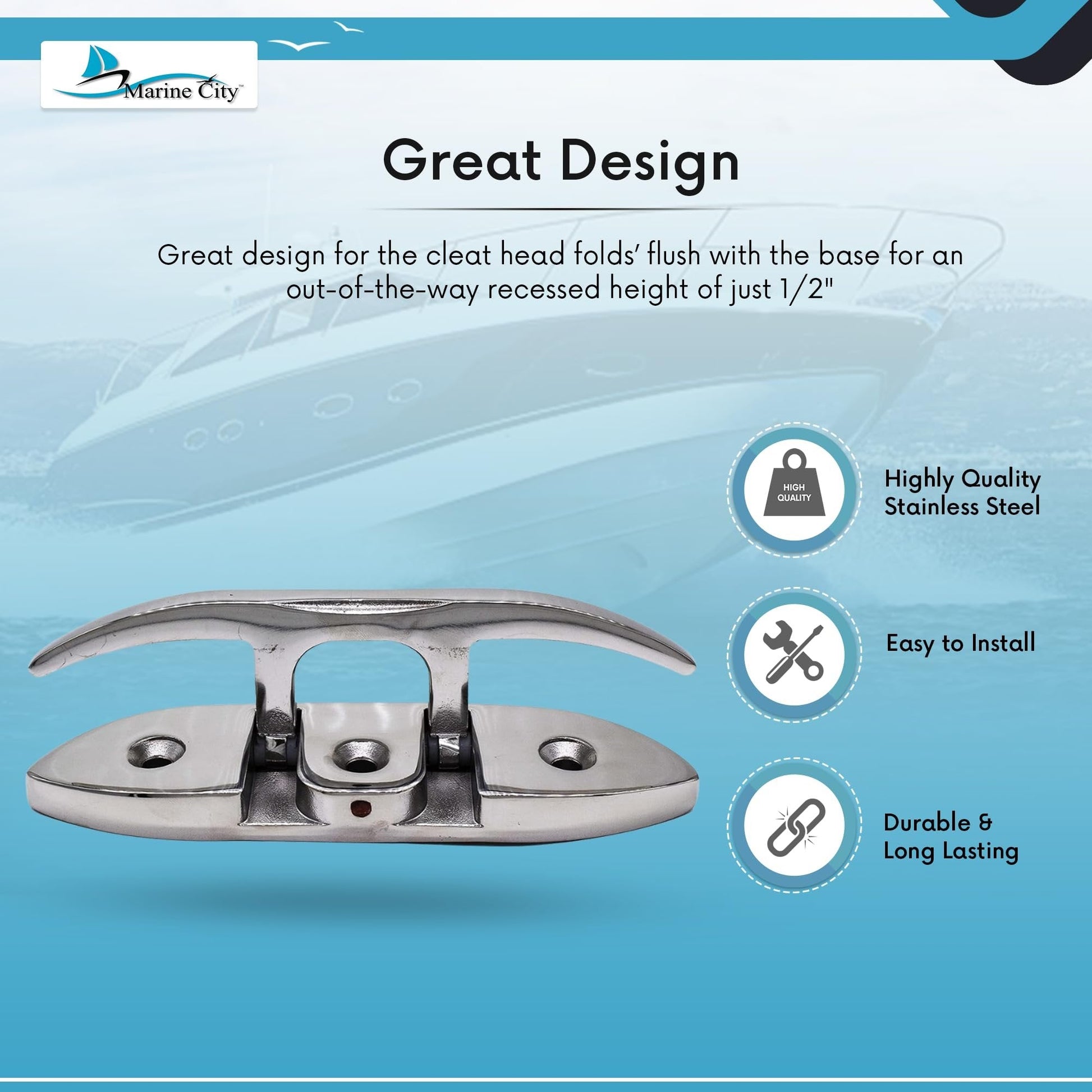 Marine City 6” Folding Cleat – 316 Stainless Steel Heavy Duty Deck Mount Marine City