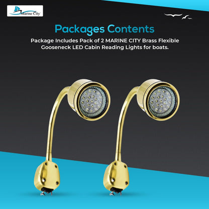 Marine City Luz de lectura de cabina LED con cuello de cisne flexible de latón para barco y yate (2 unidades)