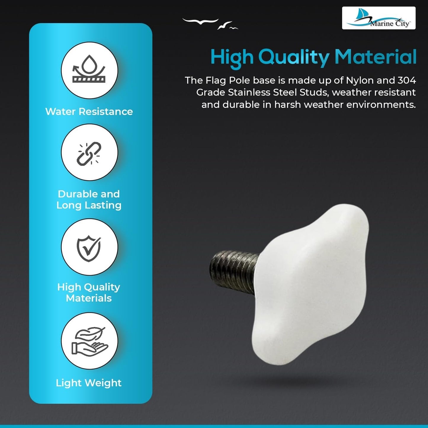Marine City Flagpole Base Nylon Knobs & Cover Support with Stainless Steel Stud (5 Pcs) Marine City