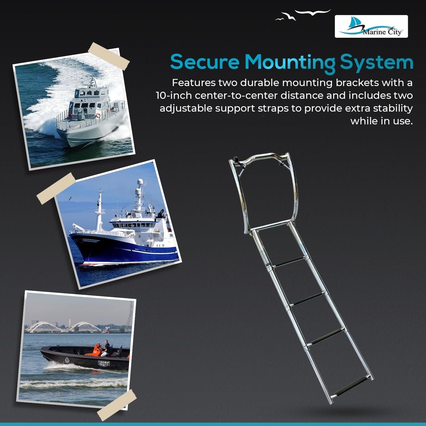 Marine City 4-Step Telescoping Boat Ladder – 316 Stainless Steel, Curved R10” MARINE CITY
