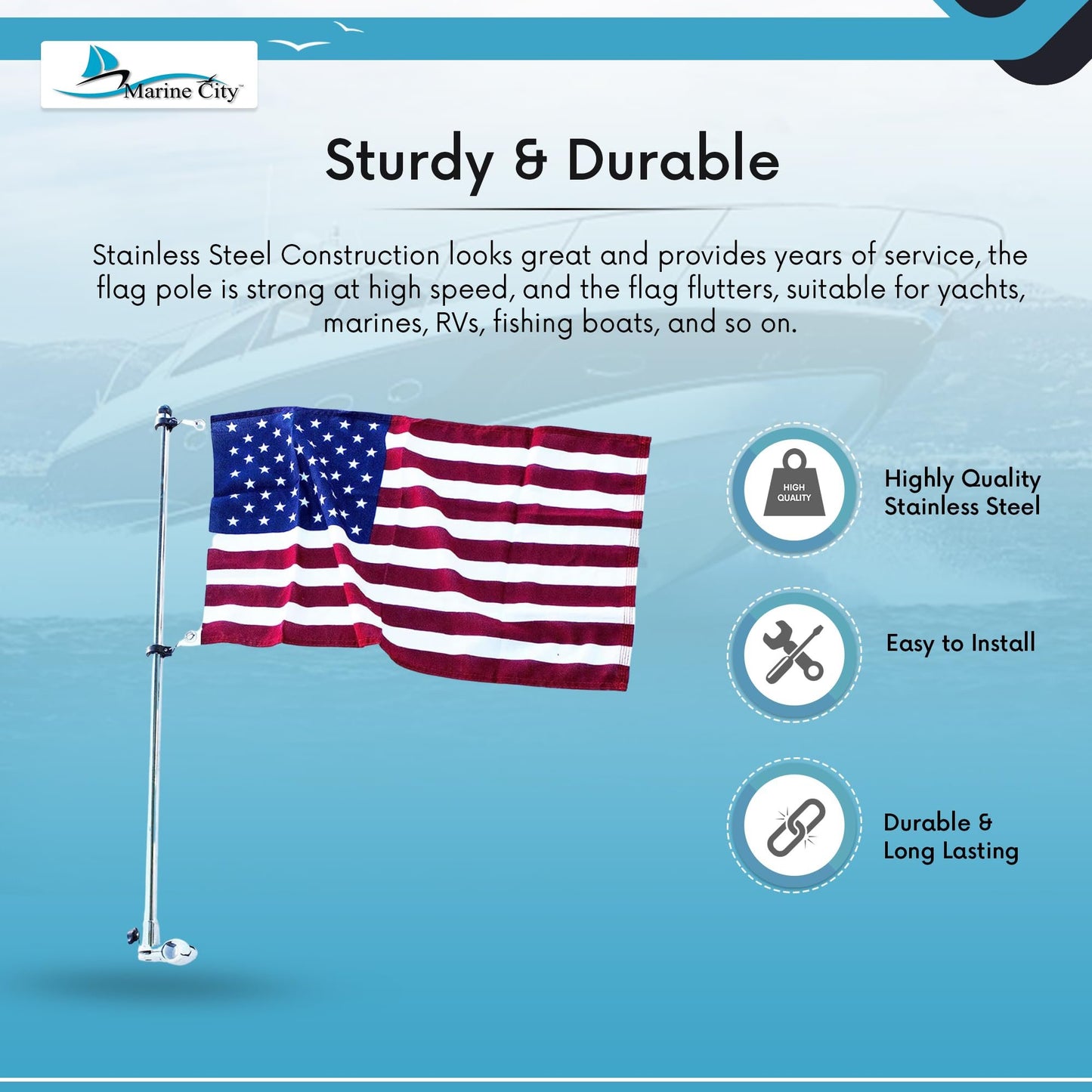 Marine City 32-Inch 304 Stainless Steel Flag Pole With Base & 15x25” US Flag