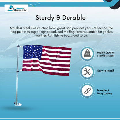 Marine City 32-Inch 304 Stainless Steel Flag Pole With Base & 15x25” US Flag