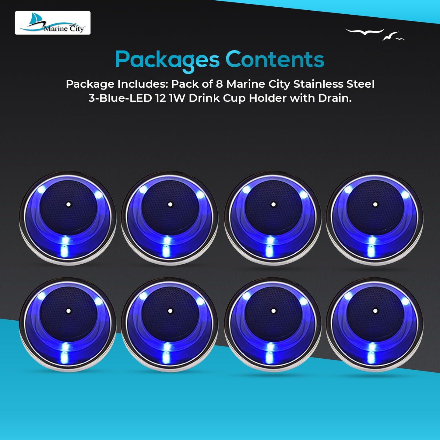 Marine City Portavasos de acero inoxidable con 3 LED azules, 12 V, 1 W, con drenaje (2 unidades)