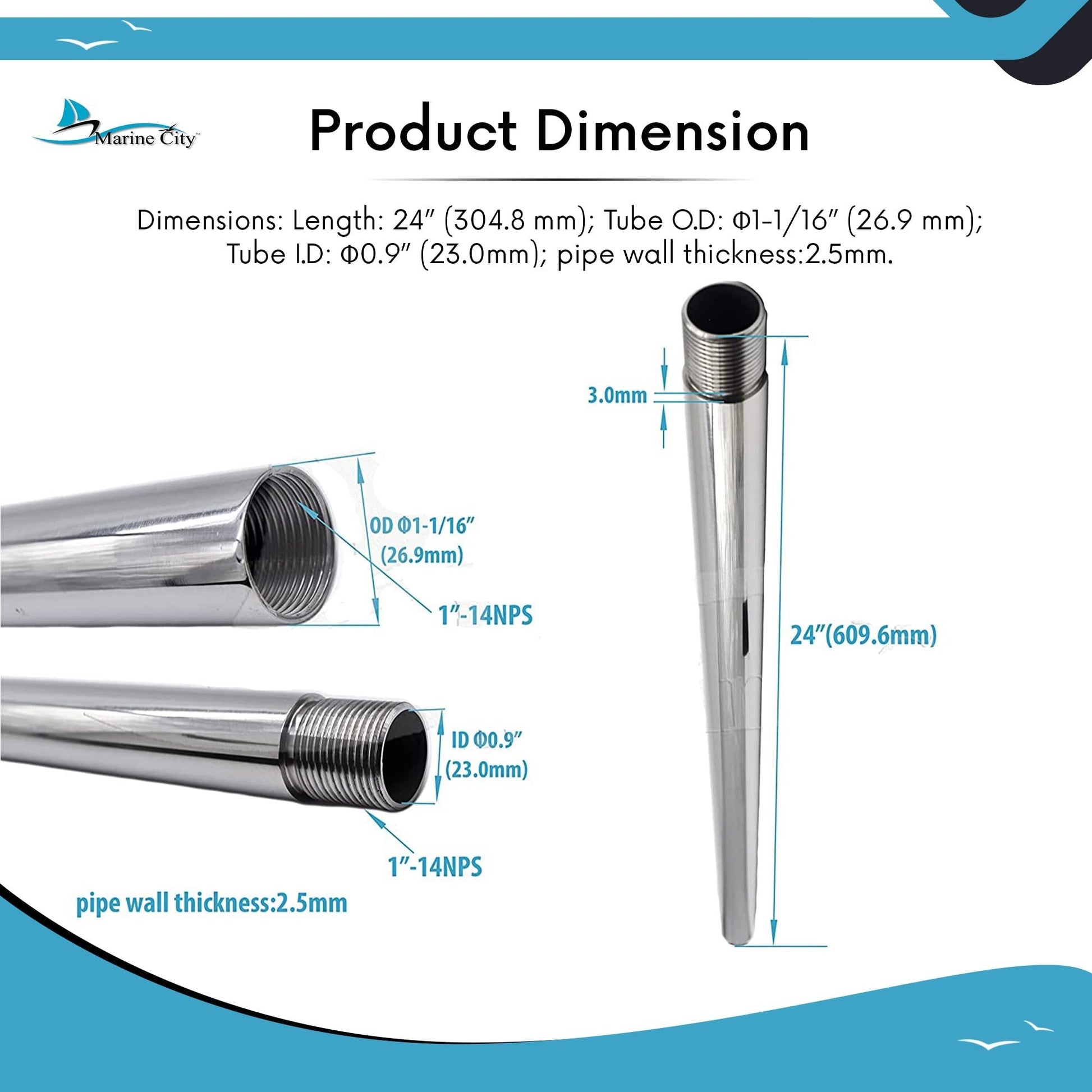 Marine City 24” Antenna Base Mount Extension Mast – Stainless Steel, Heavy-Duty MARINE CITY