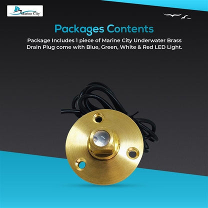 Marine City Underwater LED Light Brass Drain Plug – 12V LED, for Boat (Red) Marine City