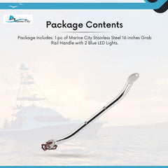 Marine City 16-Inch Grab Rail Handle with 2 Blue LED Lights–304 Stainless Steel