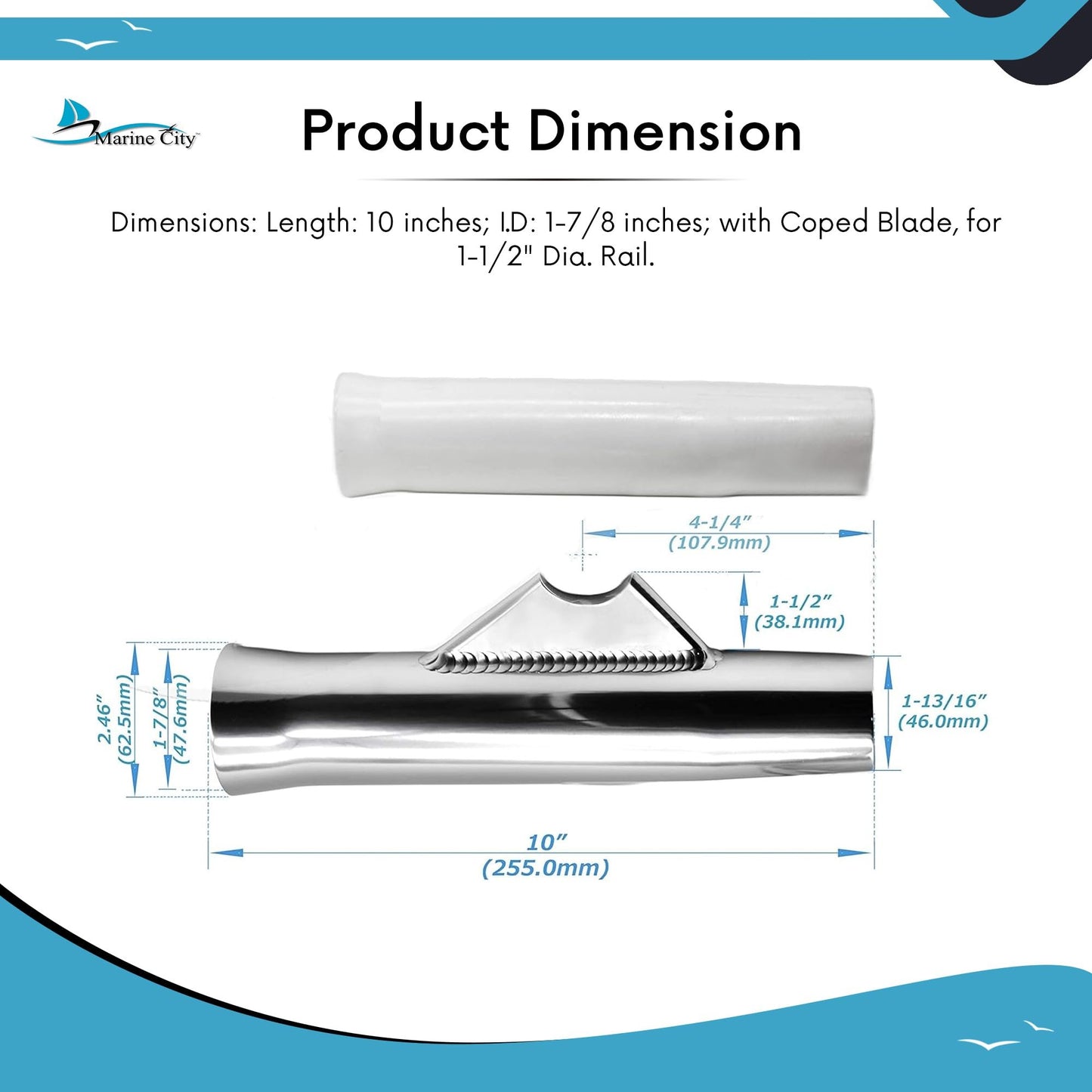 Marine City Adjustable Fishing Rod Holder 10” x 1-1/2” – White Anodized Aluminum