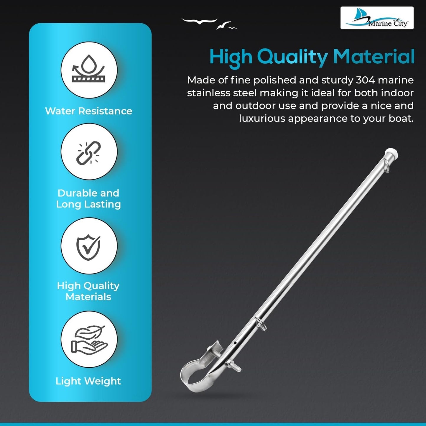Marine City Stainless Steel Rail Mount Flag Pole Base – 304 Marine Stainless Marine City Hardware