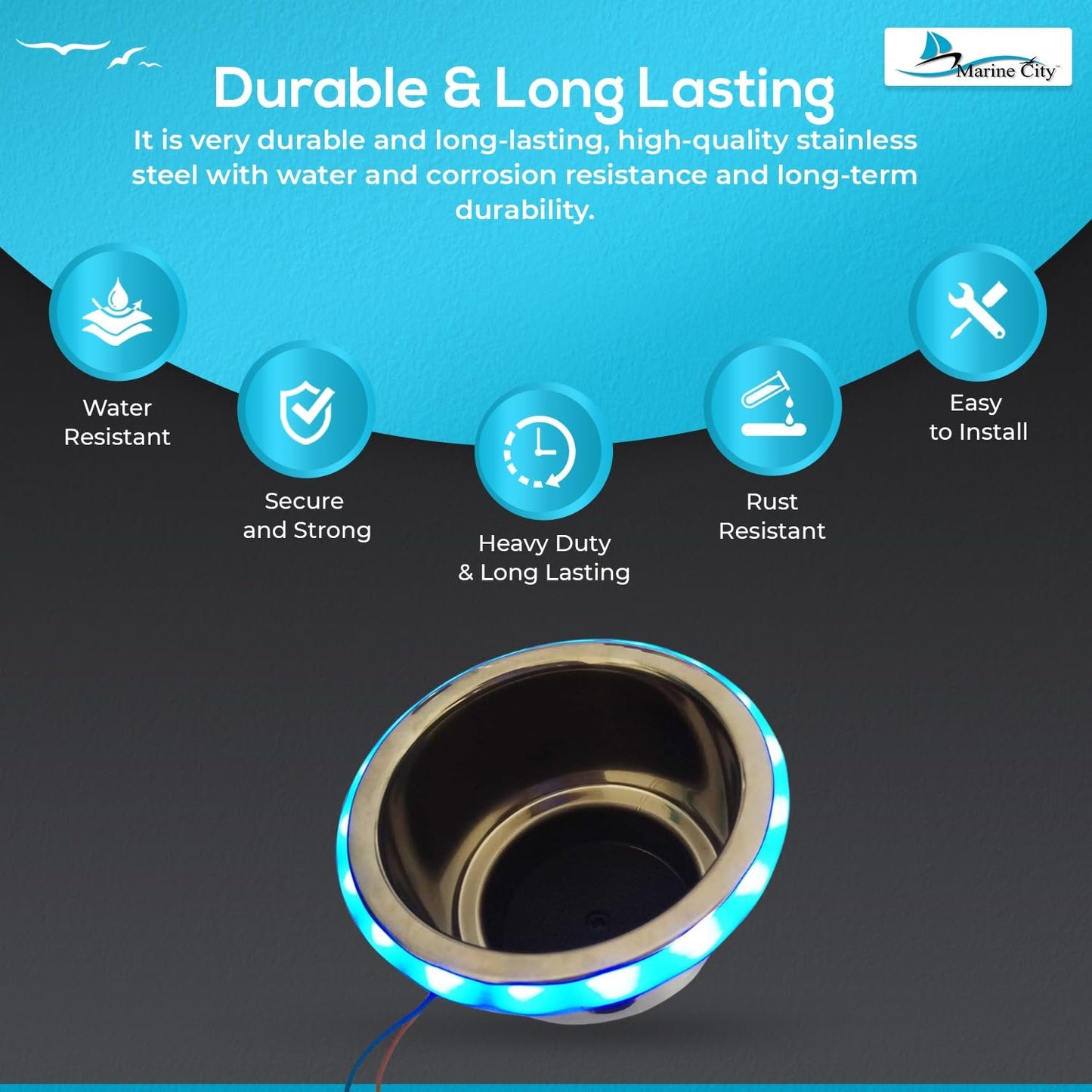 Marine City Stainless Steel Blue LED Ring Cup Holder with Center Drain (2 Pcs) Marine City Hardware