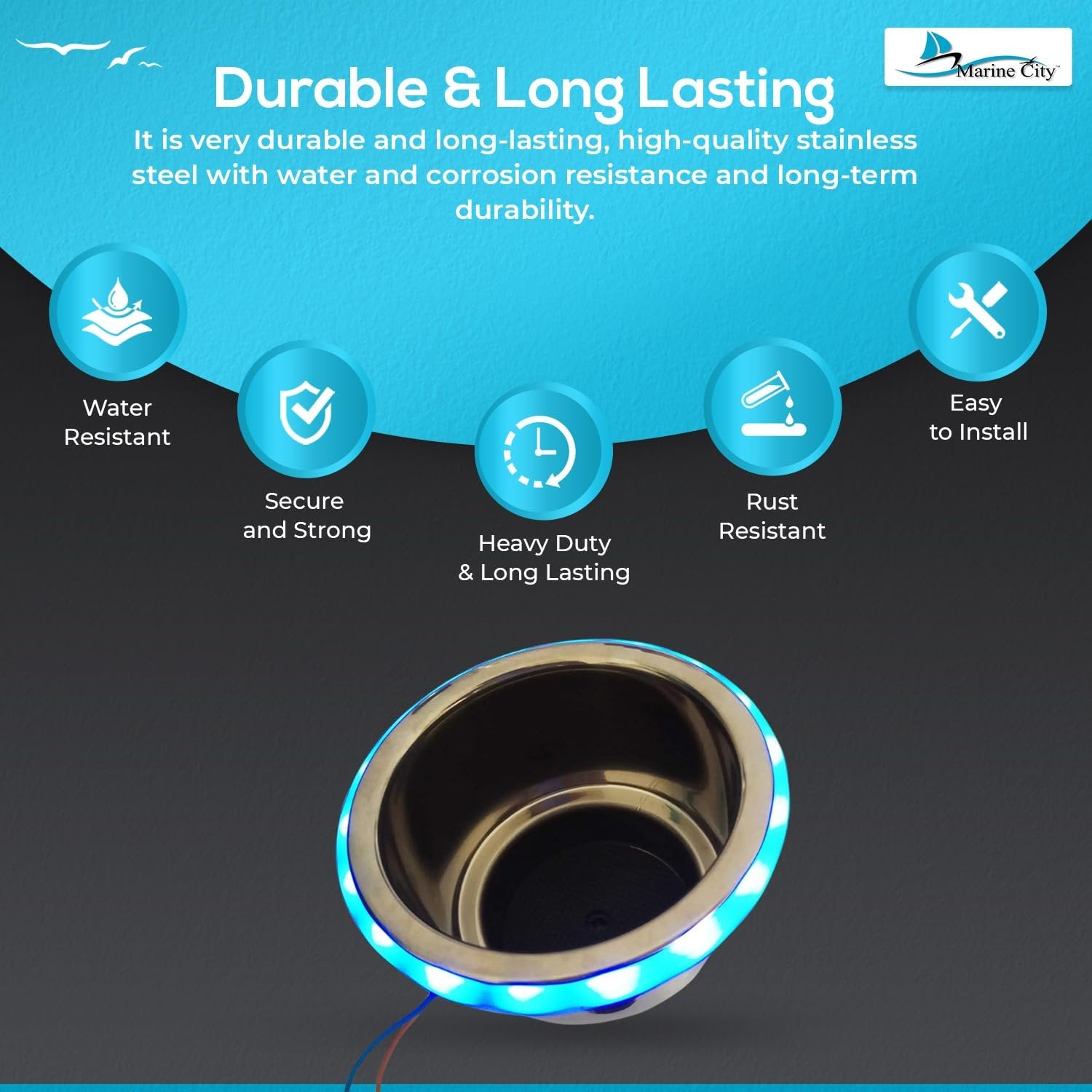 Marine City Stainless Steel Blue LED Ring Cup Holder with Center Drain (2 Pcs) Marine City Hardware
