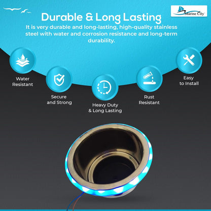 Marine City Stainless Steel Blue LED Ring Cup Holder with Center Drain (2 Pcs) Marine City Hardware