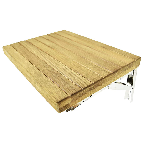 Marine City 18 inches × 13 inches Teak Wall Mount Fold Down Bench with Slots for Boat, Shower Room, Steam, Sauna Room