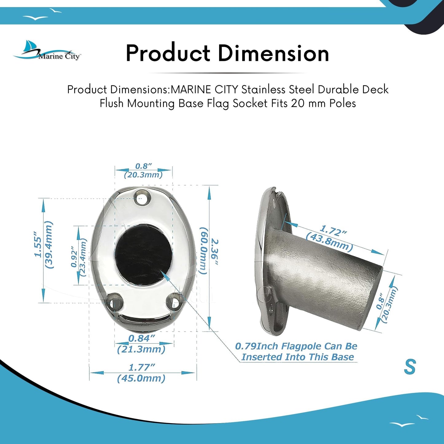 MARINE CITY Deck Flush Base Flag Socket – 316 Stainless Steel, Fits 20 mm Poles Marine City