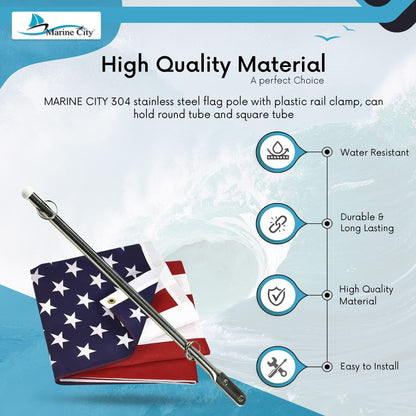 MARINE CITY 304 Stainless Steel Flag Pole with US Flag & Plastic Rail Clamp