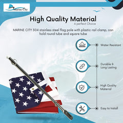Marine City Asta de bandera de acero inoxidable 304 para yate y bandera de Estados Unidos de 12.0 x 18.0 in (puede sujetar tubo redondo y tubo cuadrado de 7/8 a 1-1/4 pulgadas)