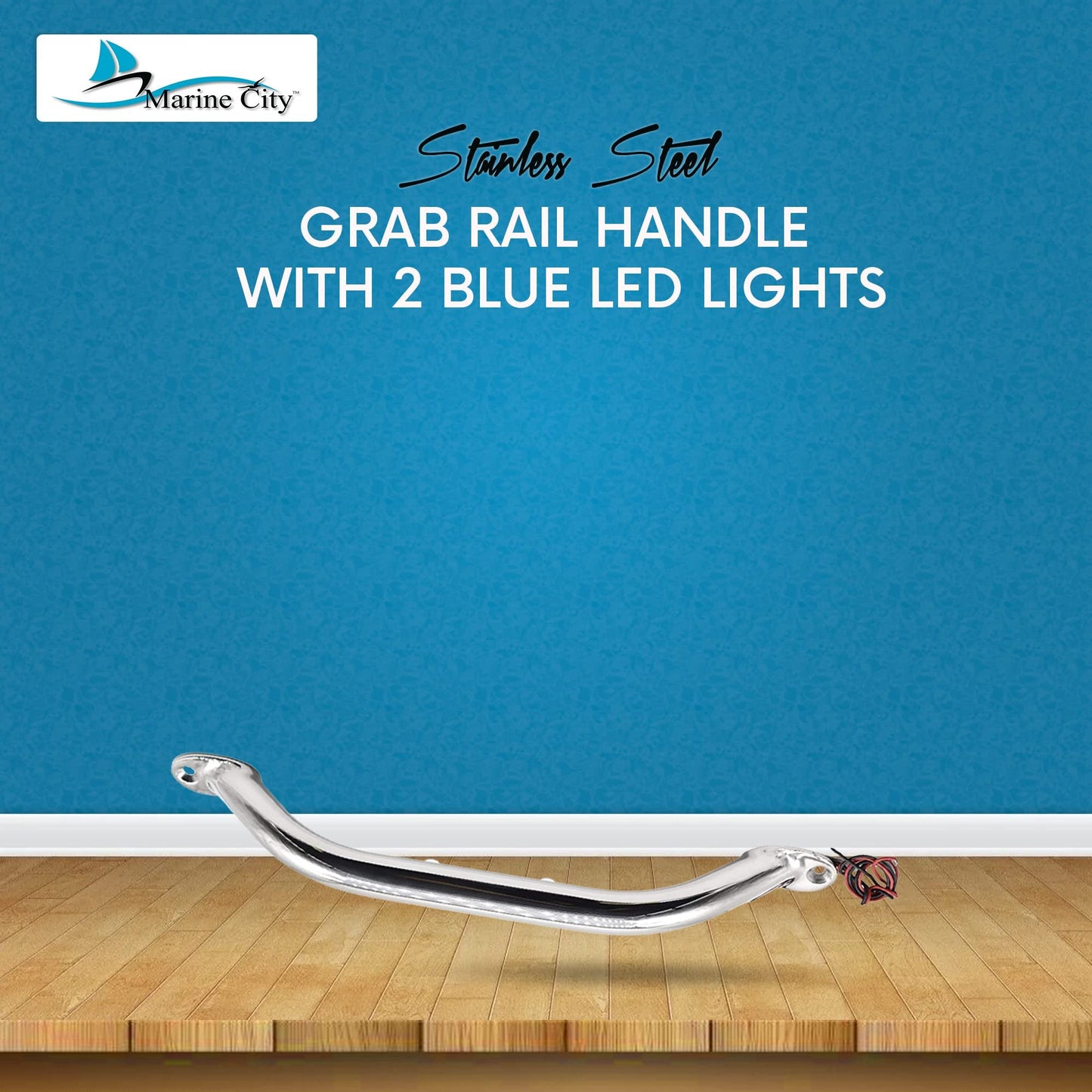 Marine City 12-Inch Grab Rail Handle with 2 Blue LED Lights–304 Stainless Steel