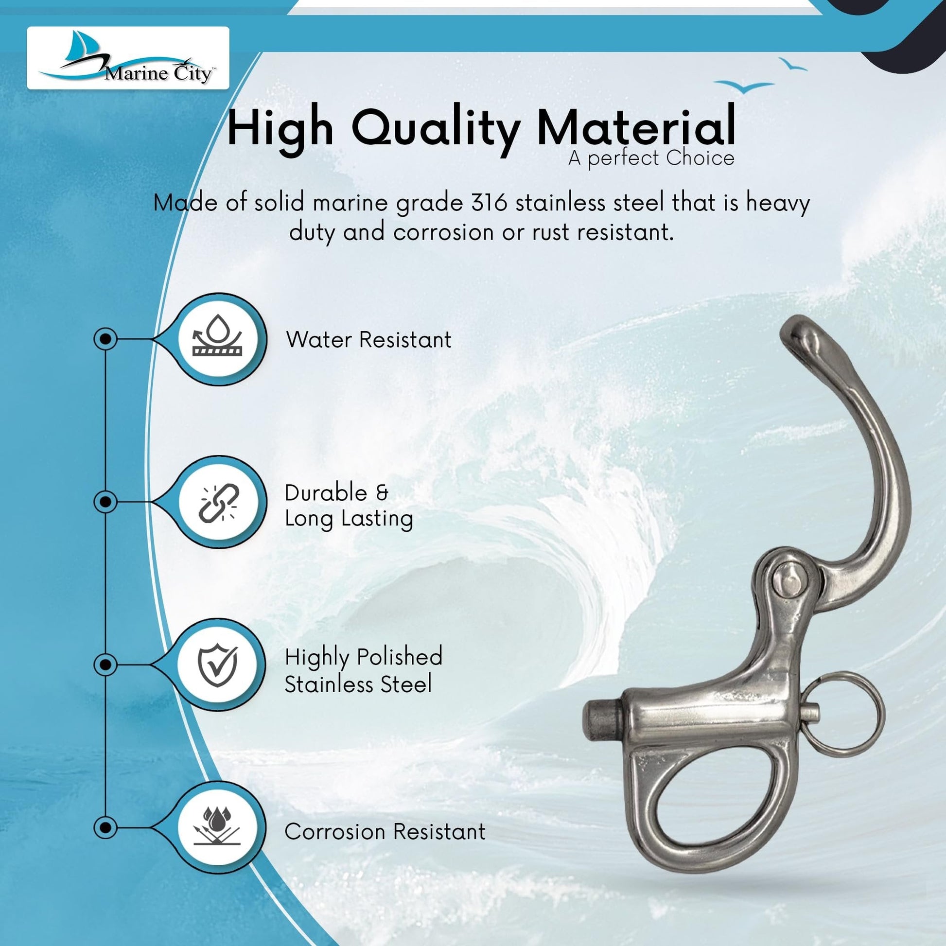 Marine City 316 Stainless Steel Fixed Bail Snap Shackle – Quick Release Pin MARINE CITY