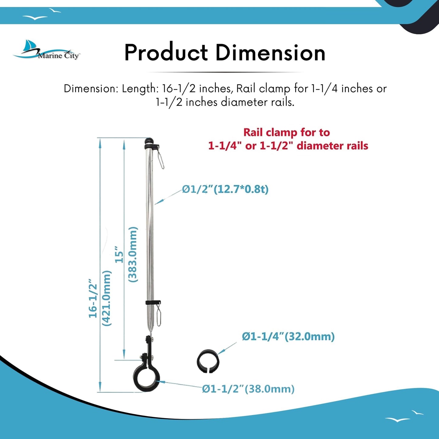 Marine City Stainless Steel Rail Mount Flag Staff Pole – Adjustable Rail Clamp MARINE CITY