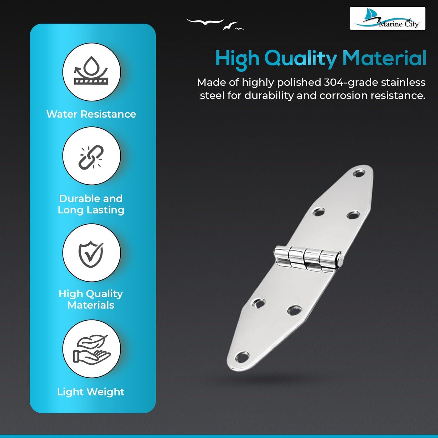 Marine City 304 Stainless Steel Round Door Strap Hinges (7-1/4" ×1-5/8") (2 Pcs)
