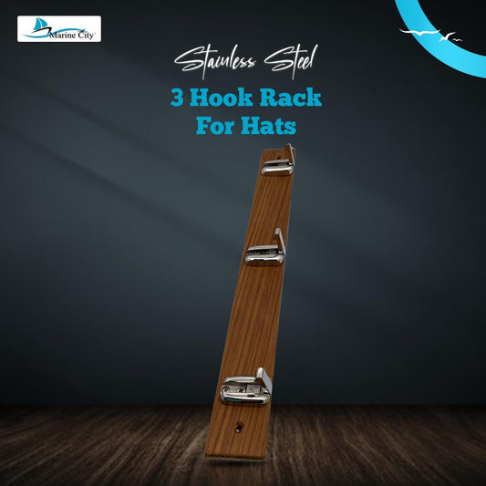 Marine City 3-Hook Rack with Teak Wood Base – 316 Stainless Steel Folding Hooks