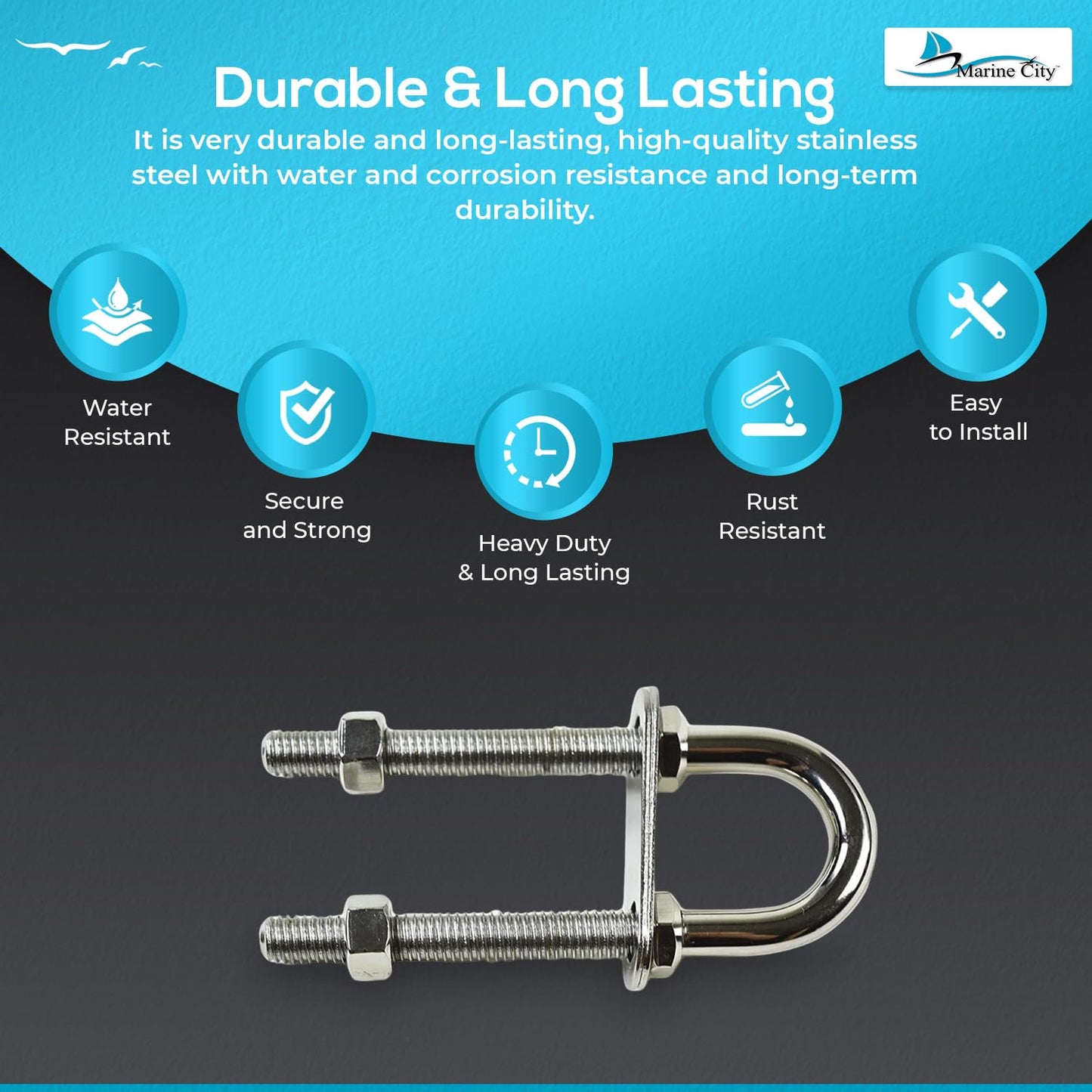 Marine City Stern Stock Bow Eye U-Bolt – 3/8” Stainless Steel, 4-1/2” Length