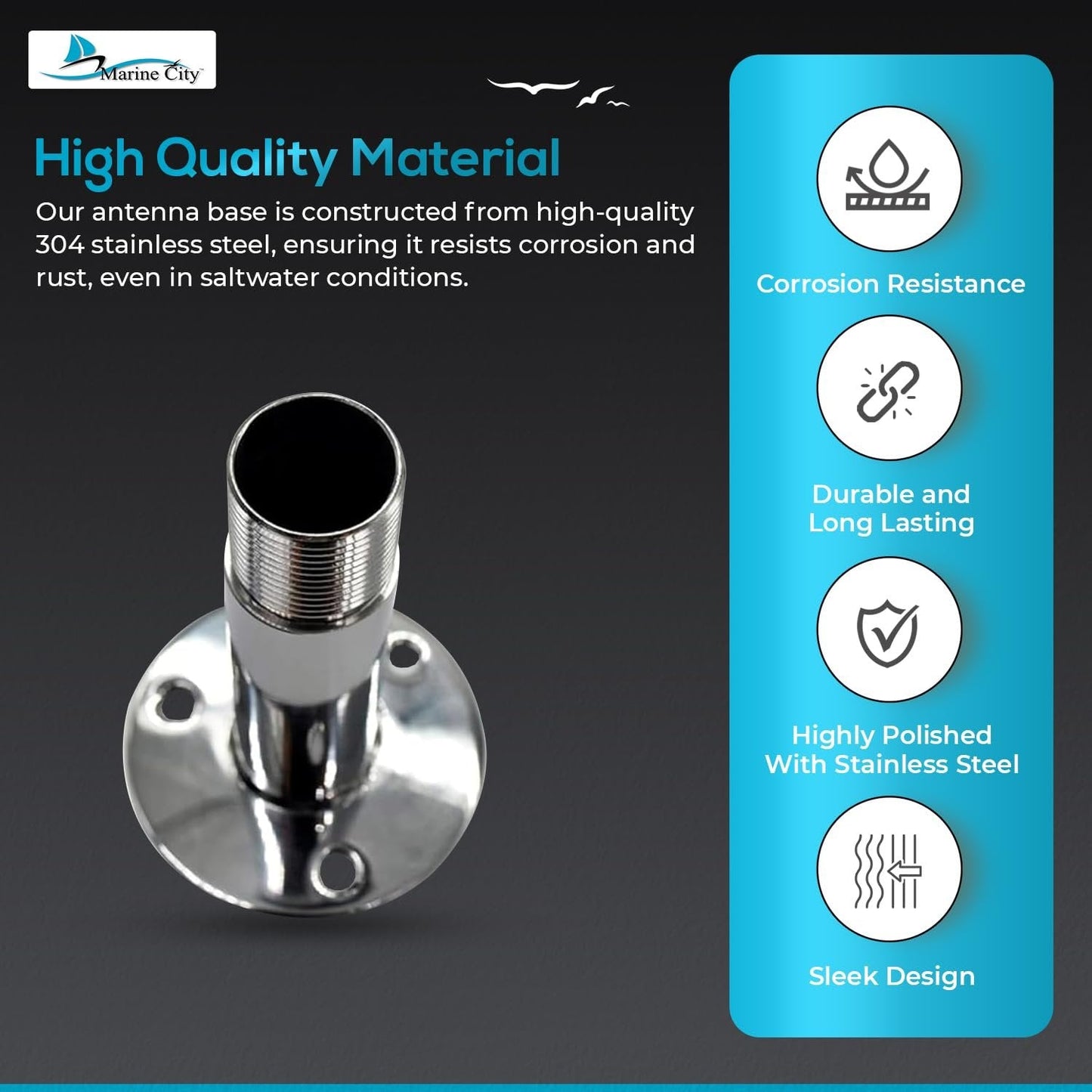 Marine City 4” Fixed Antenna Base – 304 Stainless Steel with 1”-14 Threads MARINE CITY