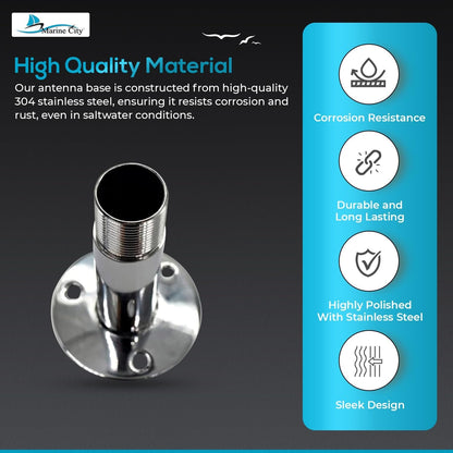 Marine City 4” Fixed Antenna Base – 304 Stainless Steel with 1”-14 Threads MARINE CITY