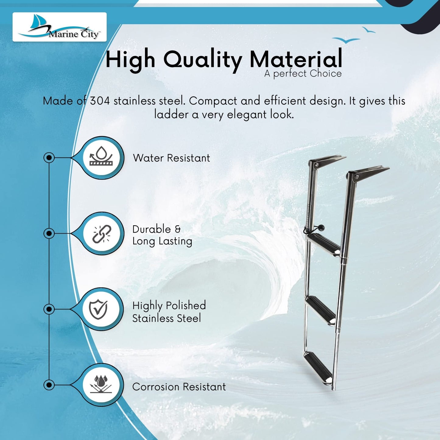 MARINE CITY 3-Step Telescoping Swim Ladder with Slide Gudgeon – Stainless Steel Marine City