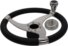 MARINE CITY Marine Boat Polished 316 Stainless Steel Sports style Tri-Spoke Design Steering Wheel with Stainless steel Center Cap / Knob / PU Foam 13-1/2
