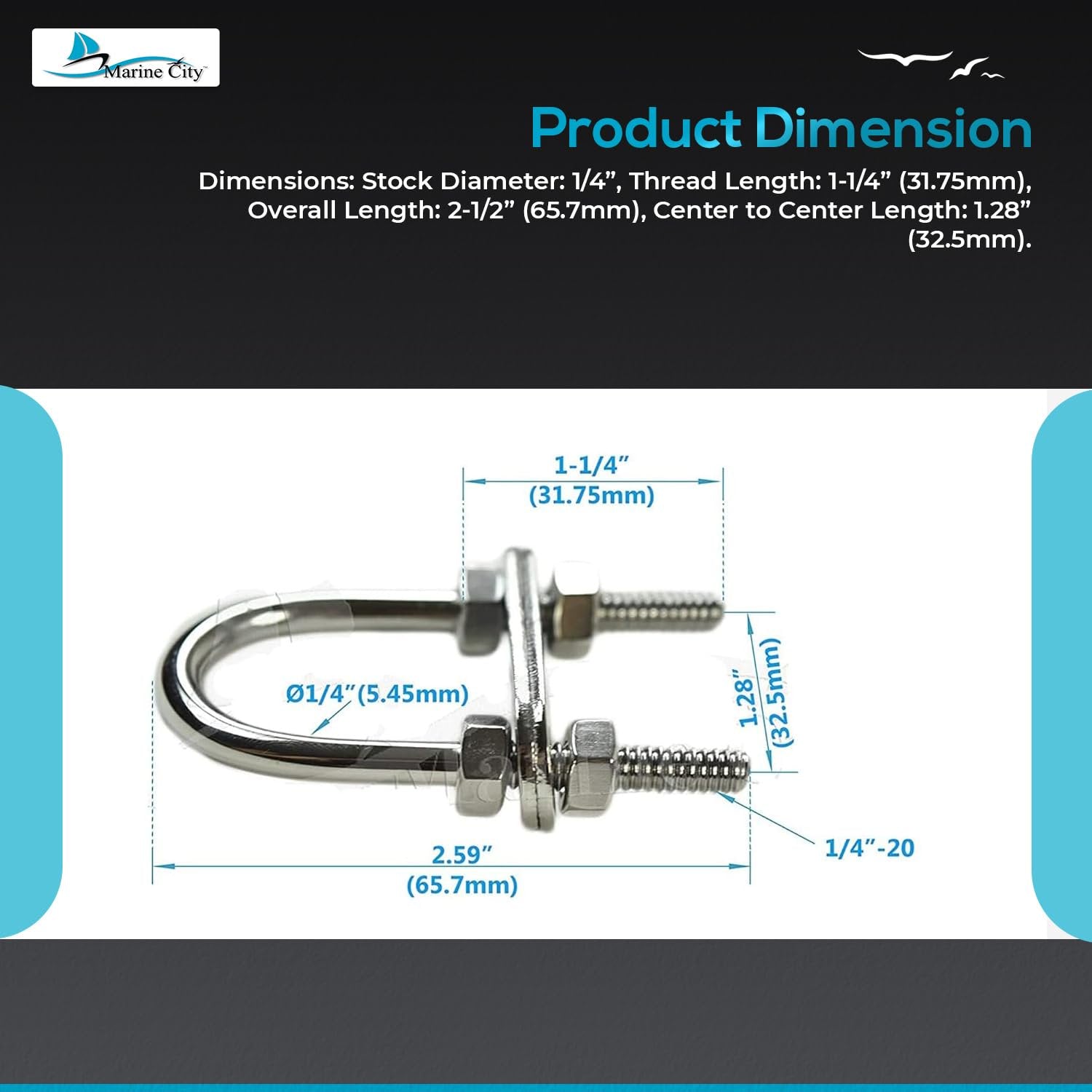 Marine City Bow Eye U-Bolt – 1/4” 304 Stainless Steel, 2-1/2” Length, Heavy Duty Marine City