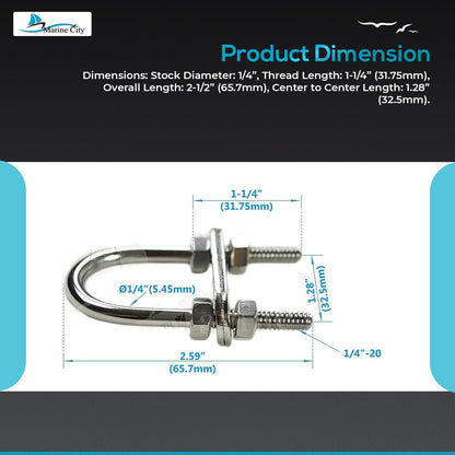 Marine City Bow Eye U-Bolt – 1/4” 304 Stainless Steel, 2-1/2” Length, Heavy Duty Marine City