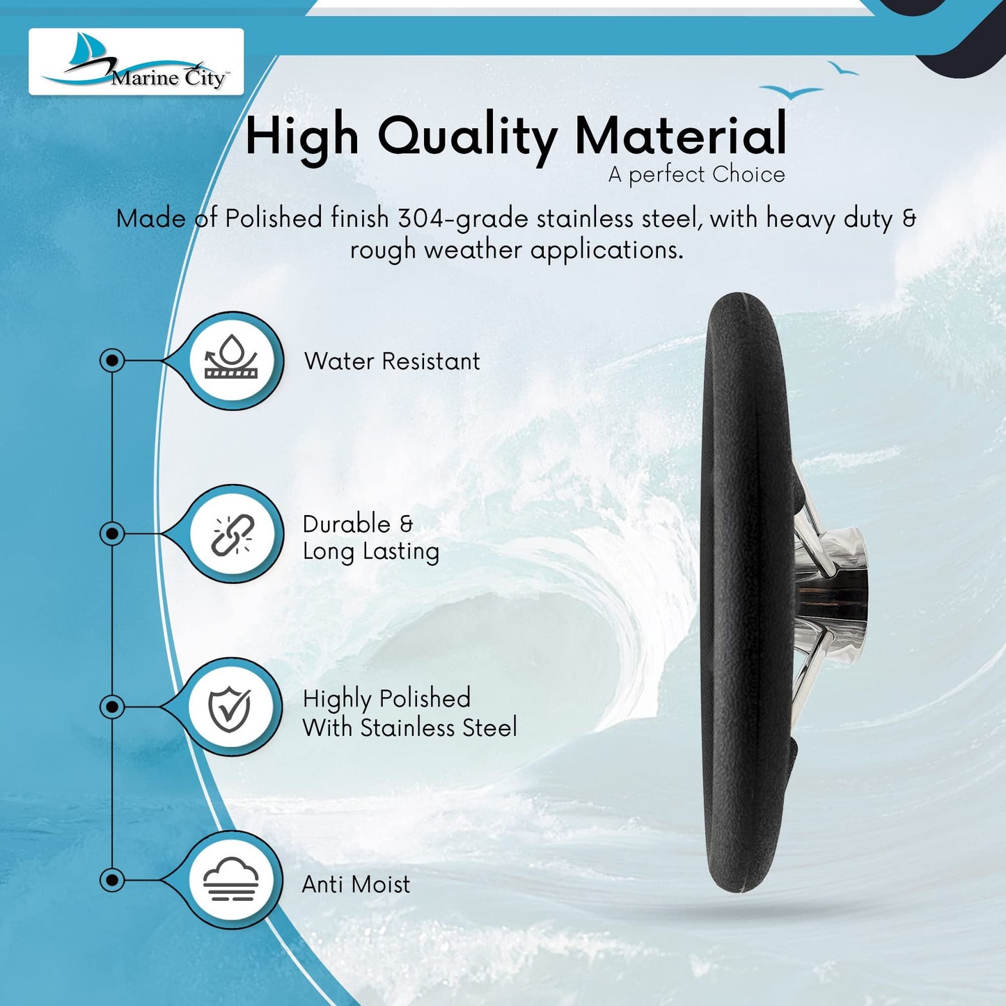 Marine City Volante marino de acero inoxidable de 16" con espuma de PU y tapa de PC negra