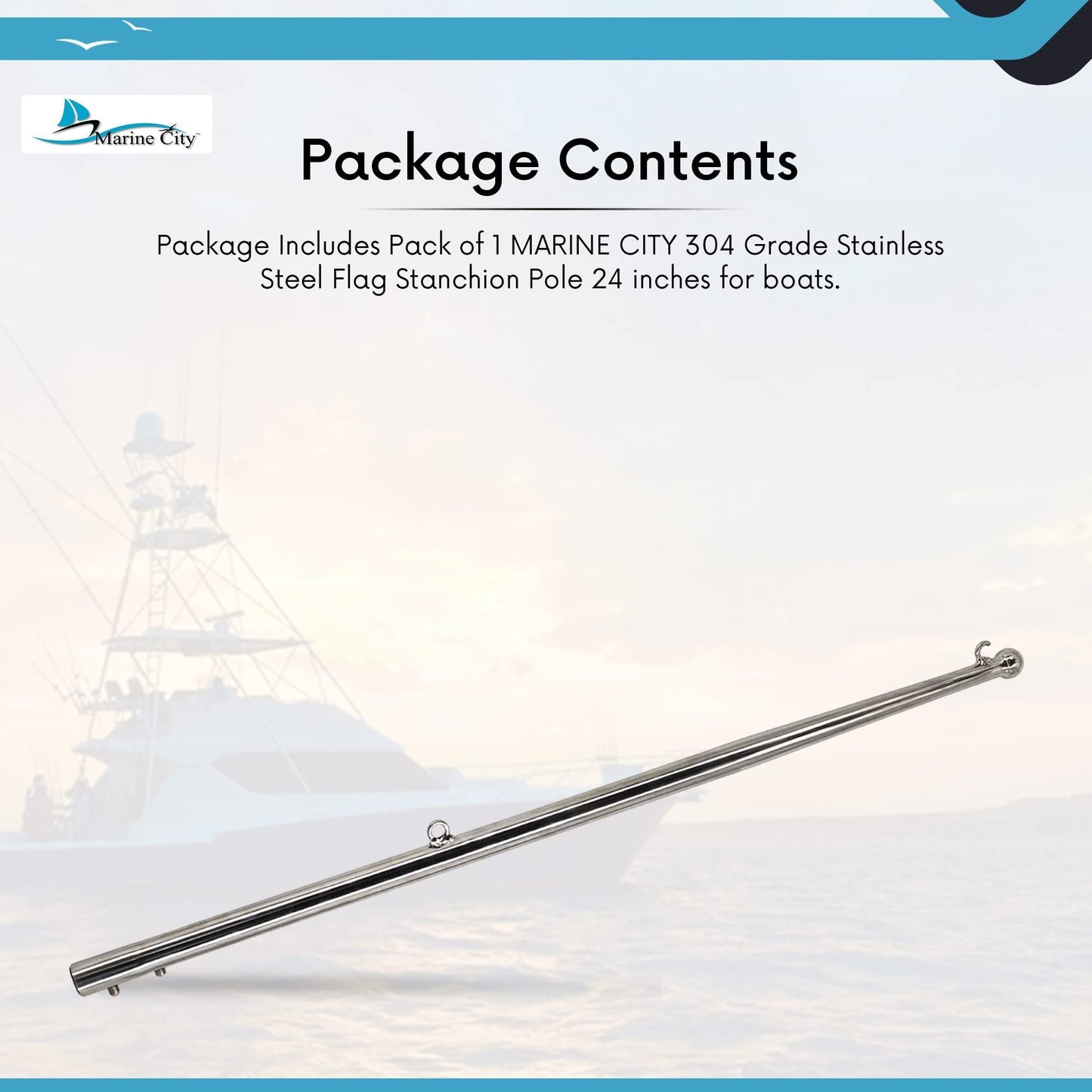 MARINE CITY 24-Inch Flag Stanchion Pole – 304 Stainless Steel, Adjustable Marine City