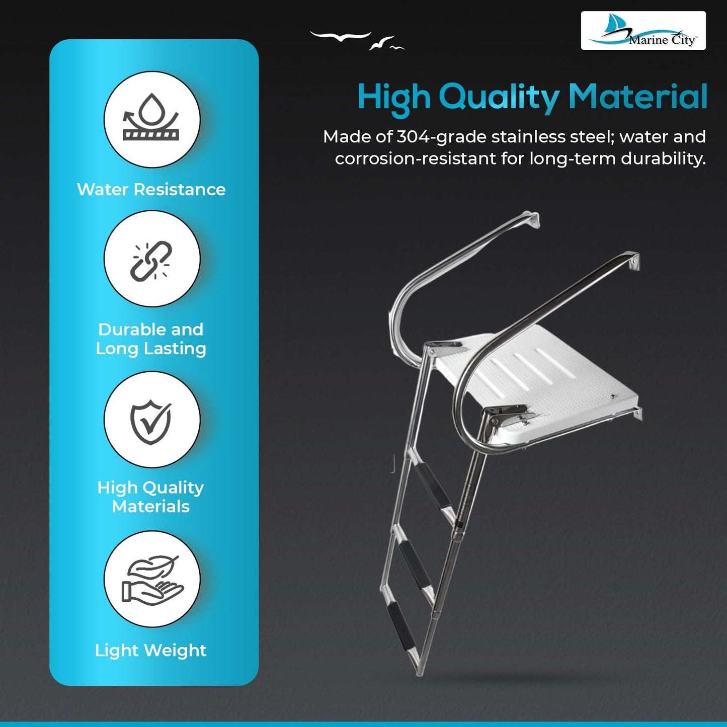 Marine City 304 Stainless Steel 3-Step Telescoping I/B Swim Platform Ladder Marine City Hardware