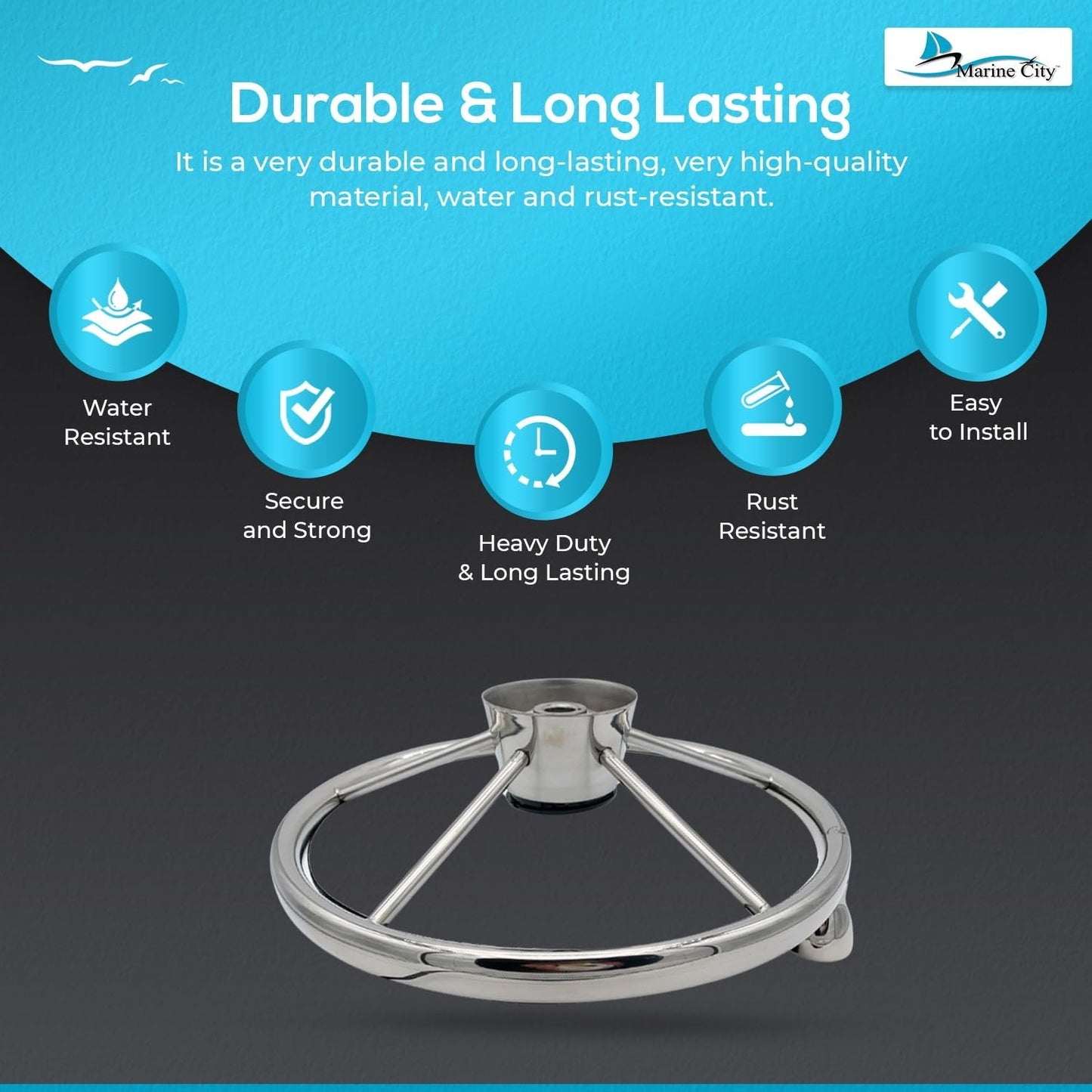 Marine City 5-Spoke Stainless Steel Steering Wheel – 13-1/2” Marine Helm Wheel MARINE CITY